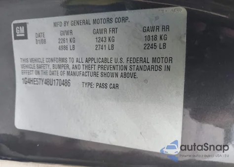 2008 Buick Lucerne Cxs z USA, uszkodzony, nr VIN 1G4HE57Y48U170486